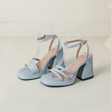 Load image into Gallery viewer, Women's Denim Strap Chunky Heel Sandals | Round Toe Block Heel | Light Blue, Dark Blue &amp; Gray