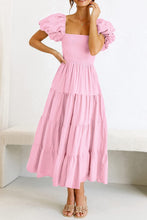 Load image into Gallery viewer, Summer Women Clothing Square Collar Backless Puff Sleeve Pleated Short Sleeves Dress