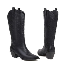 Load image into Gallery viewer, Women's Tall Western Boots – Embroidered Sequin Chunky Heel High Boot | Black, White &amp; Pink