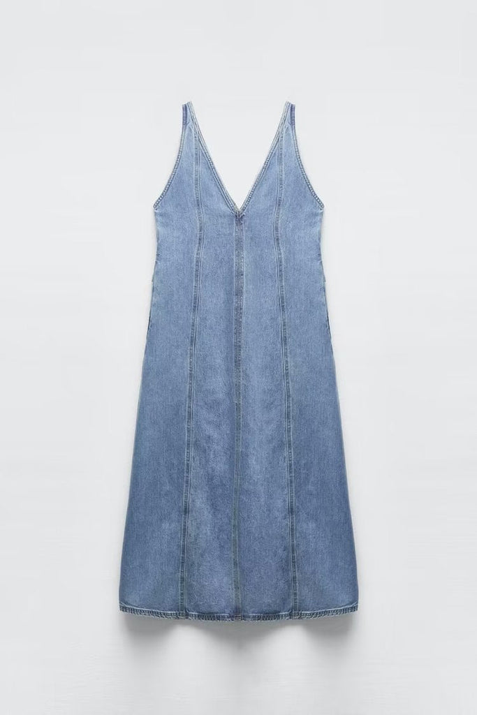 Summer Retro V neck Sleeveless Denim A line Vest Dress Women Dress
