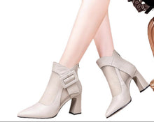 Load image into Gallery viewer, Women's British Style Chunky Heel Cutout Ankle Boots | Pointed Toe Back Zipper