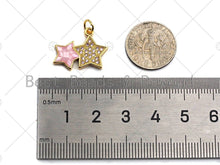Load image into Gallery viewer, Two Star Pink Pendant/Charm, Pink Mother-of-pearl Star Pendant, Cubic Zirconia Pendant, Gold Tone, 18x15mm, Sku#LK68