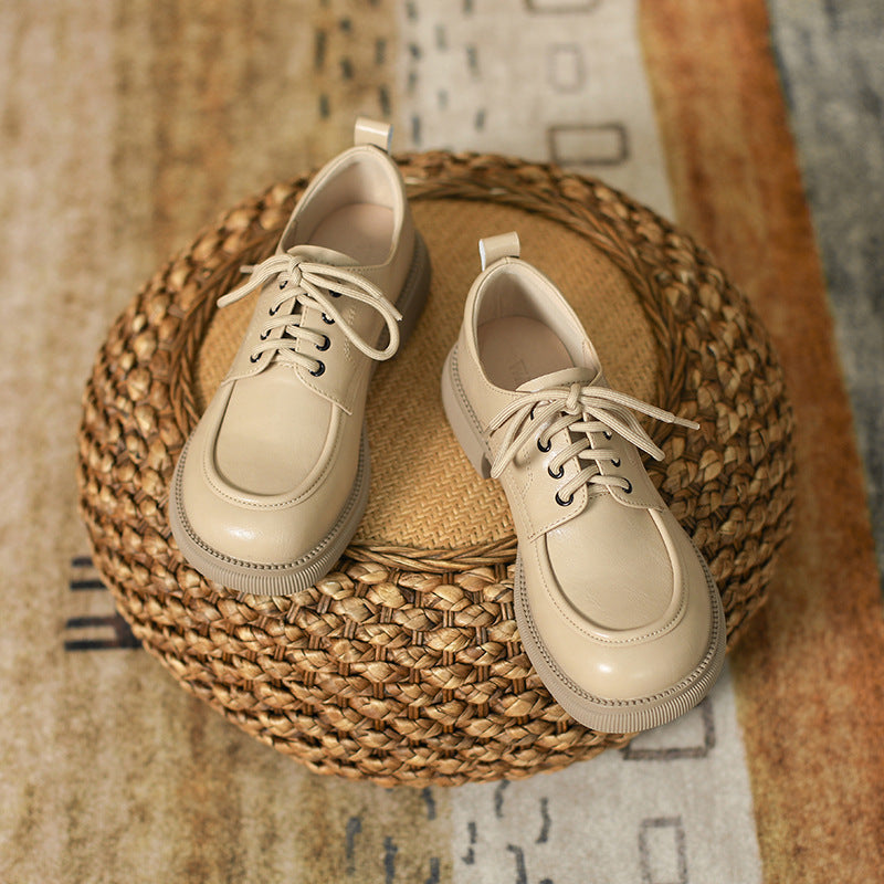 Women's British-Style Lace-Up Leather Loafers | Soft Sole Round Toe Everyday Shoes