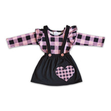 Load image into Gallery viewer, Heart embroidery plaid long sleeve shirt suspender skirt girls valentine's outfits