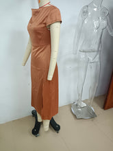 Load image into Gallery viewer, Summer Women Solid Color Swing Collar Back Twist Hollow Out Cutout Short Sleeve Mid Length Dress