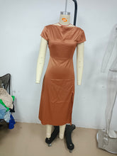 Load image into Gallery viewer, Summer Women Solid Color Swing Collar Back Twist Hollow Out Cutout Short Sleeve Mid Length Dress