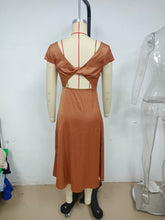 Load image into Gallery viewer, Summer Women Solid Color Swing Collar Back Twist Hollow Out Cutout Short Sleeve Mid Length Dress