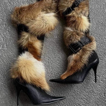 Load image into Gallery viewer, Women's Fluffy Stiletto Thigh-High Boots | Pigskin Slip-On Pointed-Toe Heels