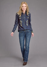 Load image into Gallery viewer, Stetson Floral Embroidery (Blue) - Women's Denim Blouse