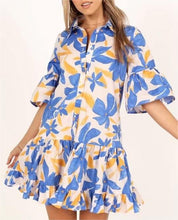 Load image into Gallery viewer, Women Spring Women Blue Big Floral Short Sleeve Dress