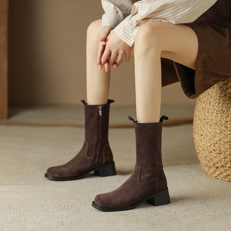 Women's Retro Western Chunky Heel Ankle Boots – Genuine Leather Side Zipper