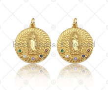 Load image into Gallery viewer, Colorful CZ Micro Pave Virgin Mary On Round Coin Shape Pendant,18K Dainty Gold Medallion Charm, Necklace Bracelet Charm,19x21mm,Sku#JL45