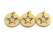 Load image into Gallery viewer, CZ Colorful Micro Pave Round Gold With Five Star Pendant, Coin Shaped Pave Pendant, Gold plated, 21x21mm, Sku#F869