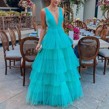 Load image into Gallery viewer, Summer Women Clothing Dress Net Yarn Cake Dress V neck Brace Evening Dress