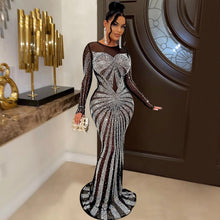 Load image into Gallery viewer, Women Solid Color Mesh See Through Rhinestone Long Sleeve Dress