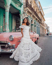 Load image into Gallery viewer, Summer Women Clothing off Shoulder Ruffled Hollow Out Cutout Wide Hem Lace Long Dress