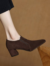 Load image into Gallery viewer, Women's Suede-Texture Pointed-Toe Low Chunky-Heel Slip-On Shoes | Black &amp; Brown