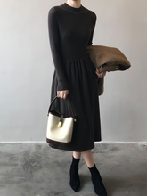Load image into Gallery viewer, Autumn Winter Half High Collar Swing Long Knitted Dress Waist Controlled Slimming Long Sleeve Simple Dinified Sweater Bottoming Women