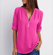 Load image into Gallery viewer, Women's Short-Sleeve Zip V-Neck Loose Top