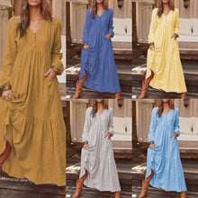 Load image into Gallery viewer, Autumn Winter Women Clothing Button Cotton Linen Retro Casual Long-Sleeved Dress Large Swing Dress Multi-Color