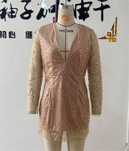 Load image into Gallery viewer, Women Clothing Dress Deep V Plunge See through Long Sleeve Short Dress Gold Dress