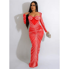 Load image into Gallery viewer, Women Wear Rhinestone Mesh See through Long Sleeve Dress