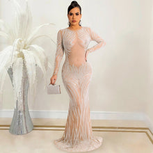 Load image into Gallery viewer, Night Club Sexy Rhinestone Mesh See through Long Sleeve Dress Dress Women