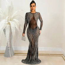 Load image into Gallery viewer, Night Club Sexy Rhinestone Mesh See through Long Sleeve Dress Dress Women