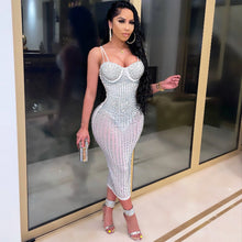 Load image into Gallery viewer, Women Wear Party Nightclub Mesh See through Rhinestone Diamond Strap Dress