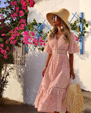 Load image into Gallery viewer, Summer Women Clothing V Neck Short Sleeve Hollow Out Cutout Single Breasted Lace Dress
