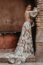 Load image into Gallery viewer, Women Clothing Deep V Plunge Mesh Embroidered Puff Sleeve Backless Dress