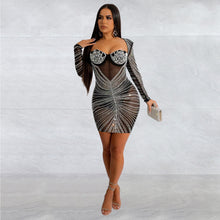 Load image into Gallery viewer, Women Solid Mesh Rhinestone Long Sleeve Short Dress