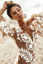 Load image into Gallery viewer, Women Clothing Deep V Plunge Mesh Embroidered Puff Sleeve Backless Dress