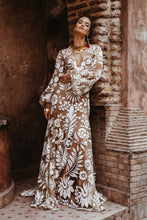 Load image into Gallery viewer, Women Clothing Deep V Plunge Mesh Embroidered Puff Sleeve Backless Dress