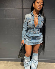 Load image into Gallery viewer, Women Sexy Multi Pocket Washed Denim Dress Three Piece Set Including Trousers