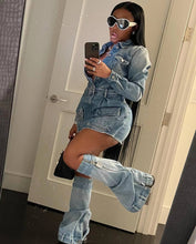 Load image into Gallery viewer, Women Sexy Multi Pocket Washed Denim Dress Three Piece Set Including Trousers