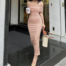 Load image into Gallery viewer, Spring Off Shoulder Pleated Dress Slim Fit Slimming Slit Bottoming Formal Dress