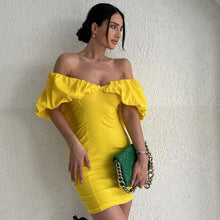 Load image into Gallery viewer, Spring Casual Vacation Tight Waist Slimming Sense Design Pleated Off Shoulder Hip Bag Dress