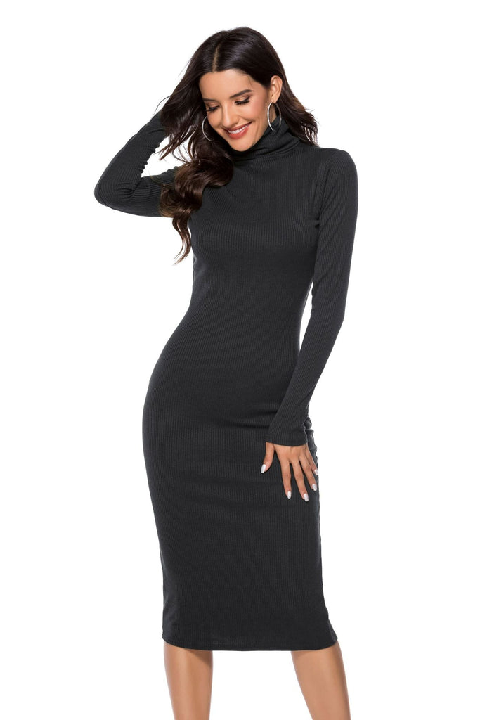 Autumn Winter Women Clothing Solid Color Base Sweater Long Sleeve Stretch Slim Turtleneck Knitting Dress