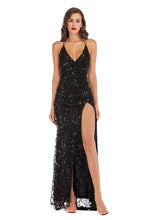 Load image into Gallery viewer, Sexy Women Clothing V neck Backless Slit Sling Gold Sequ Dress Maxi Dress Summer
