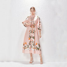 Load image into Gallery viewer, Printed Fashion Temperament Stand Collar Single Breasted Lantern Sleeve Long Dress