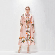 Load image into Gallery viewer, Printed Fashion Temperament Stand Collar Single Breasted Lantern Sleeve Long Dress
