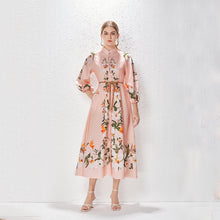 Load image into Gallery viewer, Printed Fashion Temperament Stand Collar Single Breasted Lantern Sleeve Long Dress