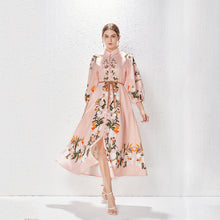 Load image into Gallery viewer, Printed Fashion Temperament Stand Collar Single Breasted Lantern Sleeve Long Dress