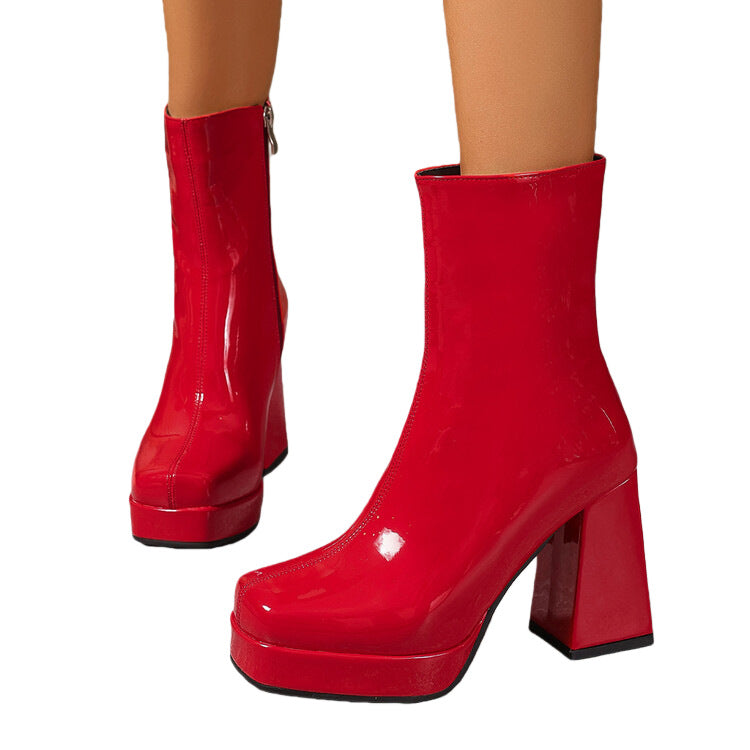 Women's Chunky Heel Square Toe Ankle Boots – Height Enhancing Slimming Design | Gold Silver Red Black