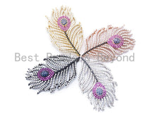 Load image into Gallery viewer, CZ Micro Pave Peacock Feather Pendant/Charm with Fuchsia Eye, Cubic Zirconia Pendant,28x46mm,1pc, sku#F98