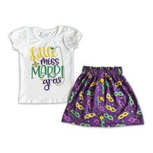Load image into Gallery viewer, Little miss mardi gras shirt skirt baby girls clothing set