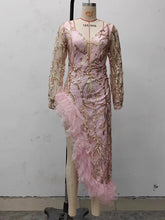 Load image into Gallery viewer, Fall Women Clothing Sexy Mesh Trailing Sequined Split Pink Evening Dress