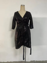 Load image into Gallery viewer, Women Dress Sexy Long Sleeve Solid Color Sequ V neck Lace up Small Dress