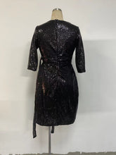 Load image into Gallery viewer, Women Dress Sexy Long Sleeve Solid Color Sequ V neck Lace up Small Dress
